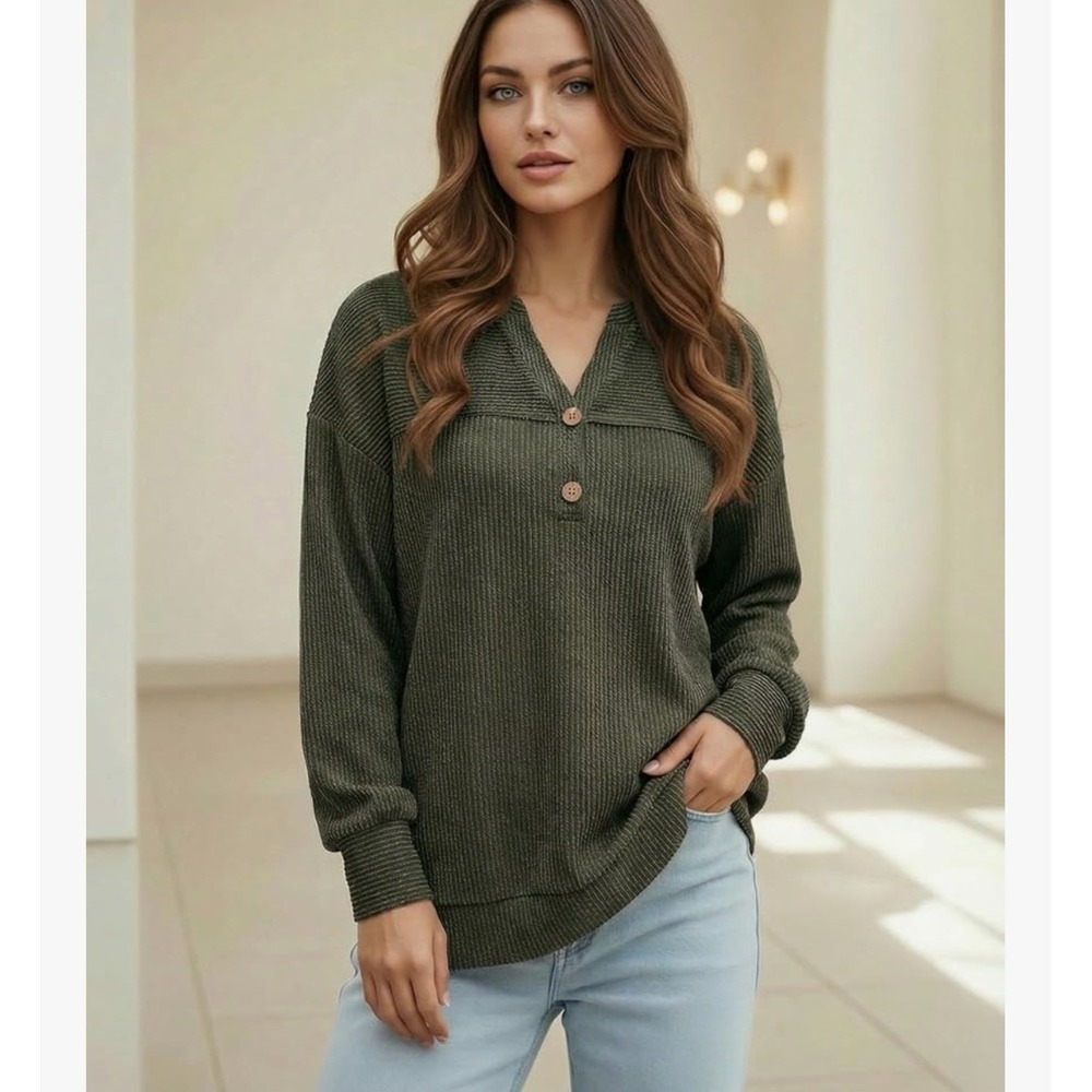 MangoPop Olive Green Ribbed Knit Henley Long Sleeve Drop Shoulder Top Small NEW